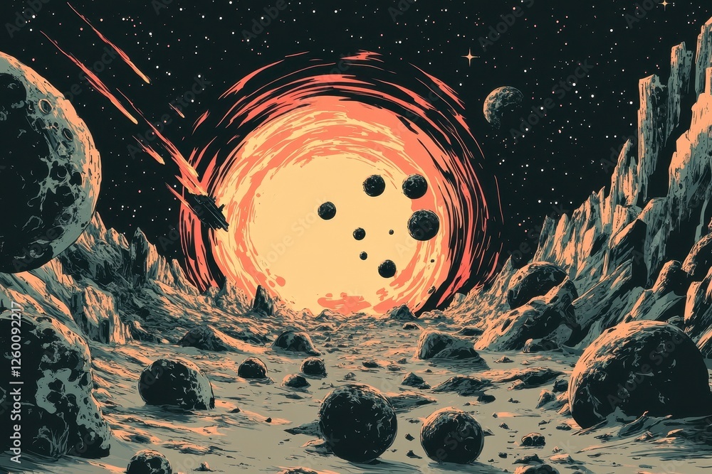 Poster an illustration of an extraterrestrial landscape with celestial objects