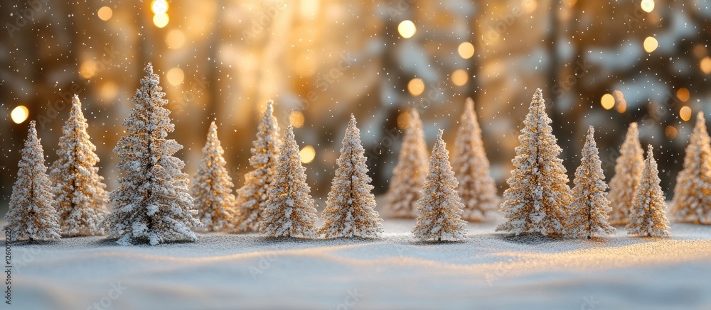 Aufkleber Snow-covered miniature pine trees arranged in a serene winter landscape with warm golden bokeh lights in the background creating a magical atmosphere.