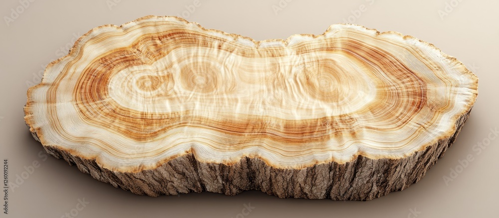 Poster textured cross-section of a tree trunk showcasing rings and cracks on a neutral hardwood background 