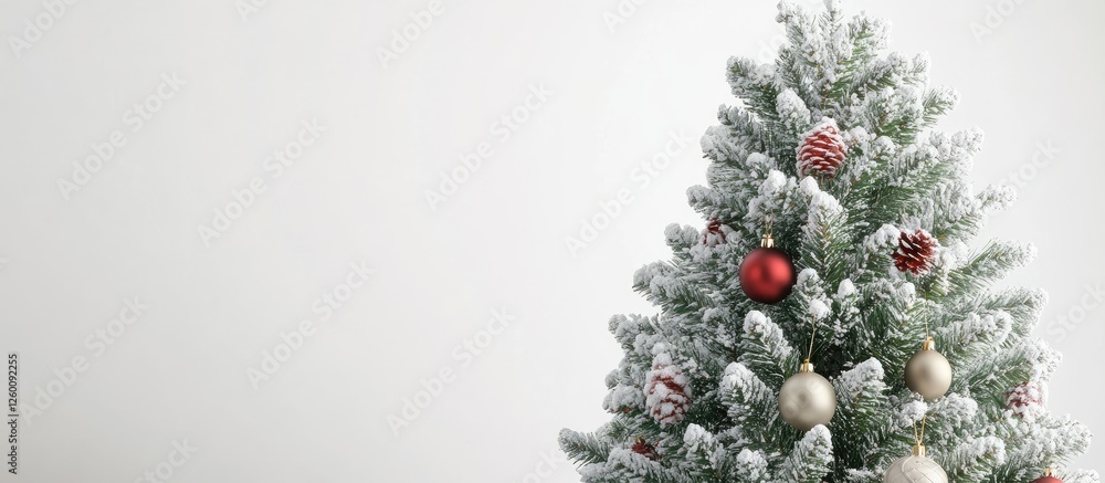 Poster frosted christmas tree with red and gold ornaments on the right side against a plain white backgroun