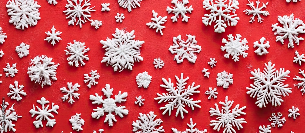 Poster vibrant red background adorned with diverse white snowflakes creating a festive holiday atmosphere p