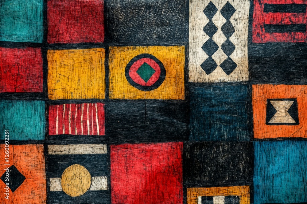 Poster colorful abstract patterns created using geometric shapes and bold colors in a textured design