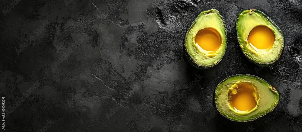 Poster Baked avocado halves with egg yolks centered on a dark textured background creating a rustic aesthetic with vibrant green and yellow tones