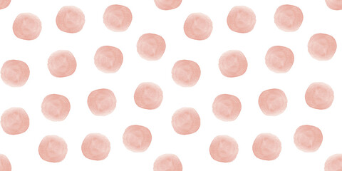 Seamless pink polka dot pattern, fabric print. Beige calm background of watercolor circles on white background.
