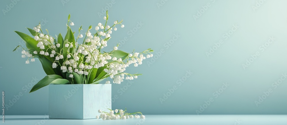 Poster white lily of the valley flowers in a light blue box on a pastel blue table with soft light creating