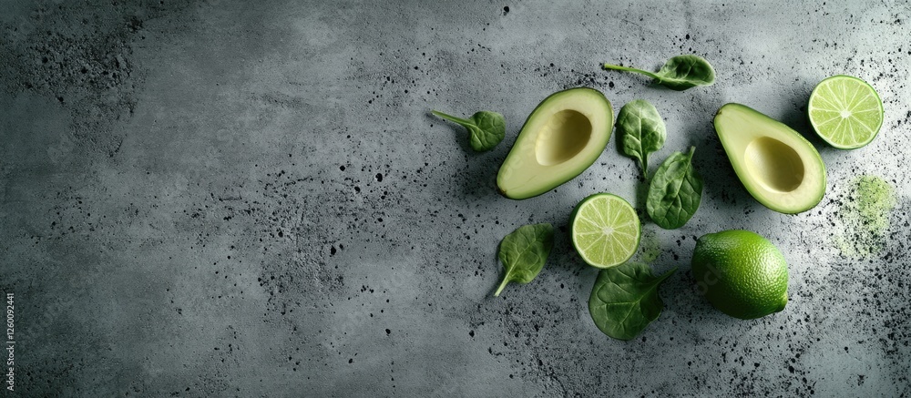 Poster avocado halves and lime slices arranged with baby spinach leaves on a grey concrete background creat