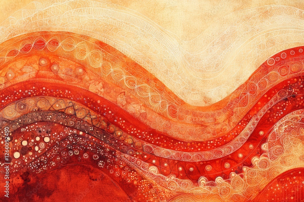 Poster vibrant abstract waves of red with intricate patterns and textures flowing across a golden backgroun