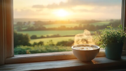 A steaming hot bowl of Irish Flahavan’s porridge placed on a rustic wooden windowsill, overlooking rolling green Irish fields under a golden sunrise, soft-focus background, dreamy countryside setting,