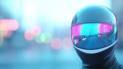 Futuristic helmet with vibrant reflective visor stands out in bl