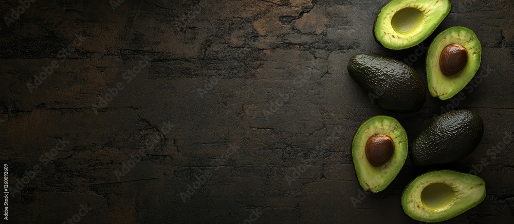 Poster delicious avocado half slices arranged on dark rustic wood background with whole avocados on the lef