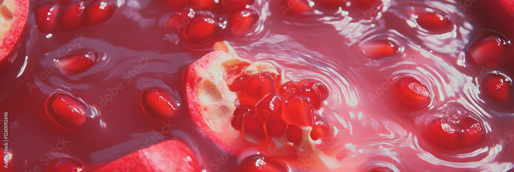Poster rich dark red milk with pomegranate ripples and seeds in an elegant presentation