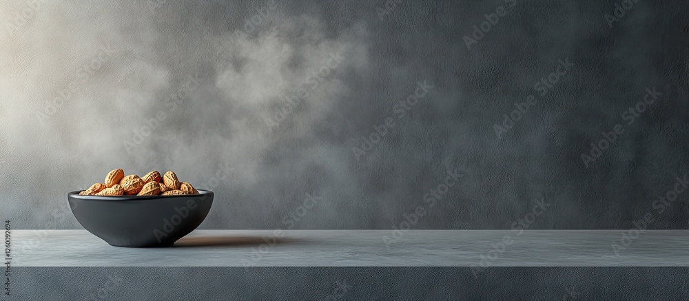 Poster Bowl filled with roasted peanuts on a light grey textured background with soft shadow effect creating a calm and minimalist ambiance.