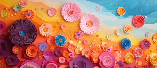 Colorful celebration backdrop with vibrant paper flowers in pink, purple, and orange tones arranged on a blue and orange gradient background.