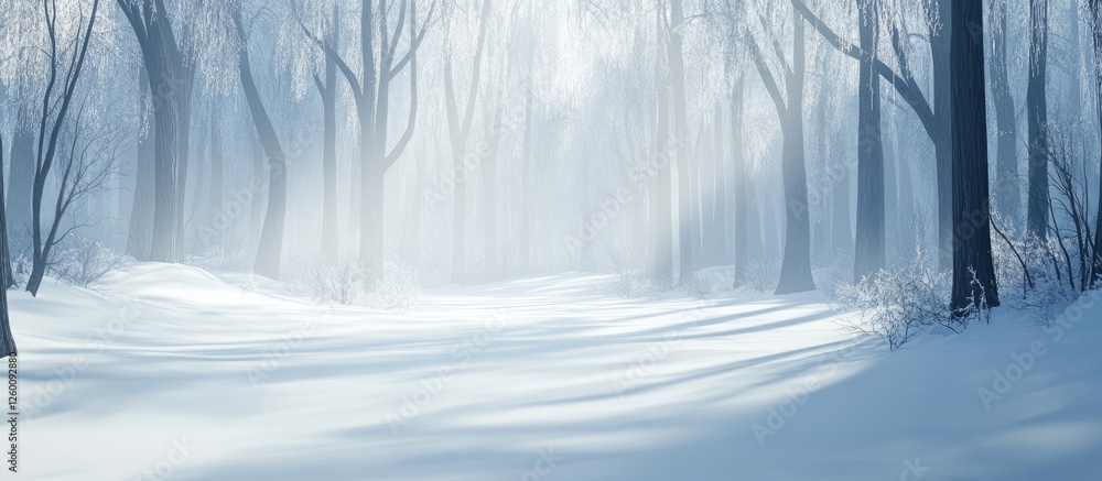 Poster winter forest scene with snow-covered ground, soft blue hues and fog, ideal for adding winter themed