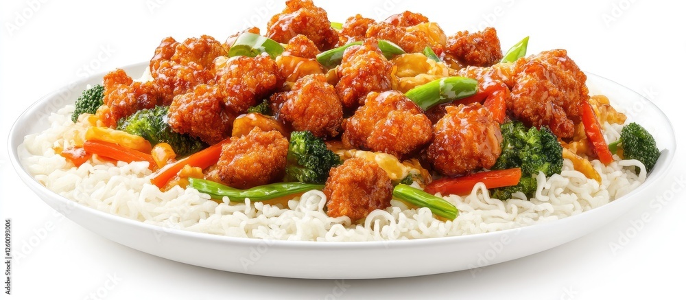 Aufkleber delicious chicken chow mein with fried chicken and colorful vegetables on a bed of rice set against 