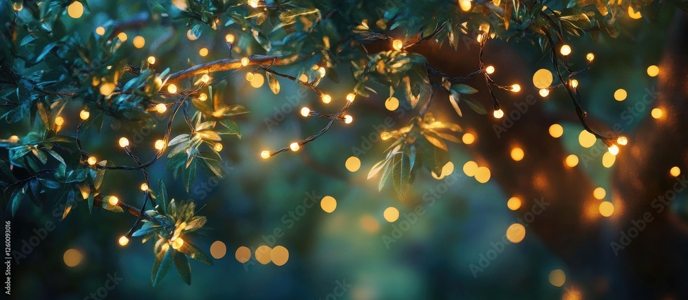 Poster warm golden christmas lights delicately draped across lush green branches creating a festive atmosph