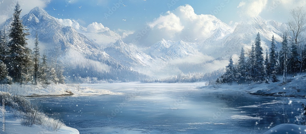Poster winter landscape features a frozen lake in the foreground with snow-covered mountains in the backgro