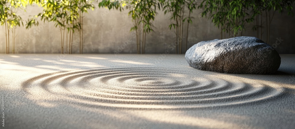 Poster calm zen garden scene featuring concentric sand circles with a smooth stone positioned on the right,
