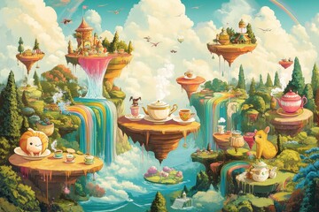 Fototapeta premium Whimsical floating islands with colorful waterfalls and animated teapots