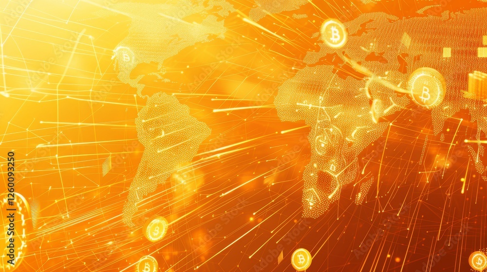Aufkleber a vibrant orange map overlayed with bitcoin icons and digital effects symbolizes global cryptocurren