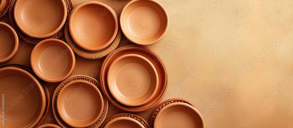 Poster Clay pottery bowls arranged in a circular pattern on a beige background showcasing earthy tones and textures for a rustic art display.