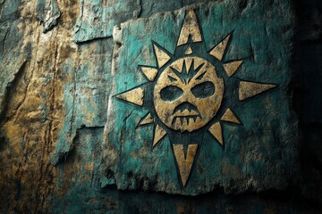 Intricate stone carving of a sun symbol with a skull in an ancient temple setting during daylight