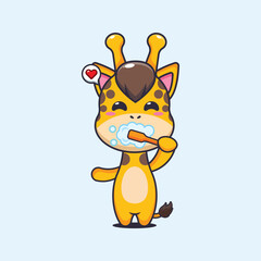 Cute giraffe brushing teeth cartoon vector illustration