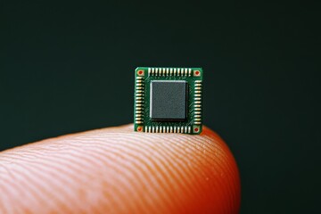 macro close-up of a tiny microchip balanced on the tip of a human finger