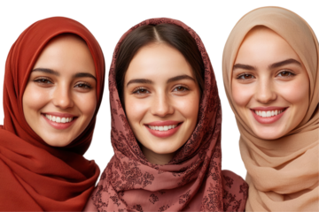 Joyful women in hijabs smiling together studio portrait transparent background