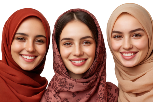 Joyful women in hijabs smiling together studio portrait transparent background