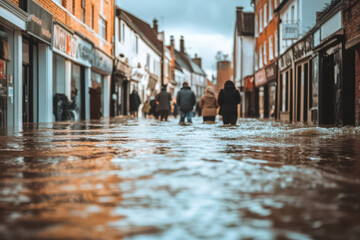 A flooded street in a city with people walking through after a storm