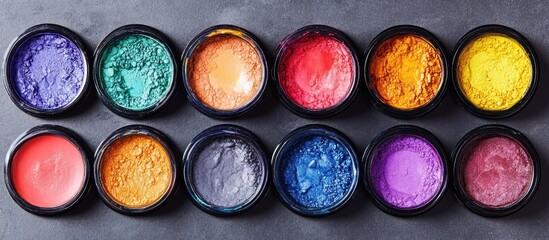 Vibrant arrangement of watercolor paints in circular containers featuring rich hues of green, orange, red, yellow, purple, and blue on a dark background