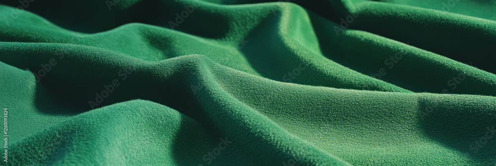 Poster textured emerald green suede with fine nap and warm shadows across the fabric surface