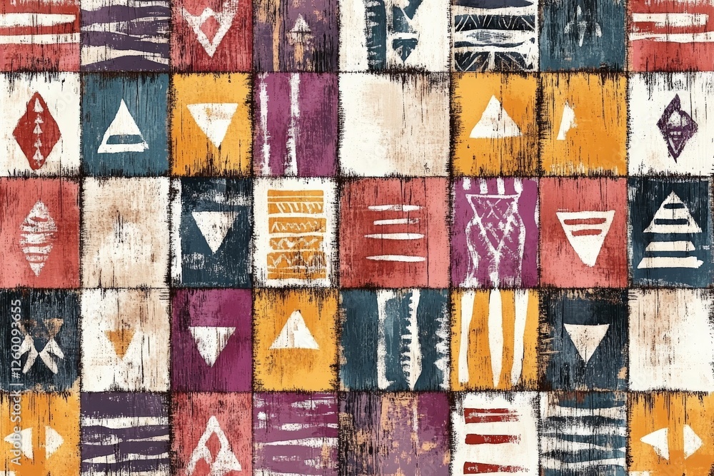 Poster colorful tribal patterns create a vibrant tapestry of shapes and symbols on a textured canvas