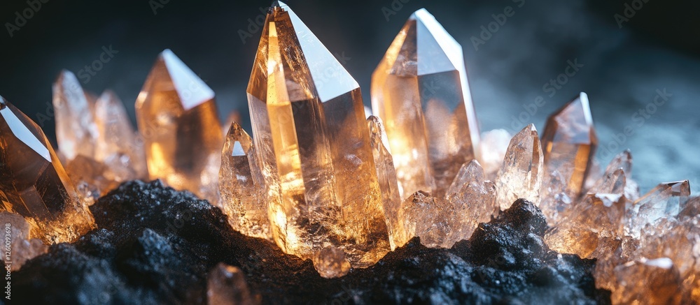 Poster glimmering golden crystals positioned in the foreground against a dark textured surface reflecting s