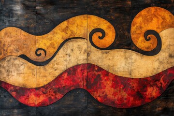 Creative abstract mural featuring swirling patterns in warm tones against a dark background in an...