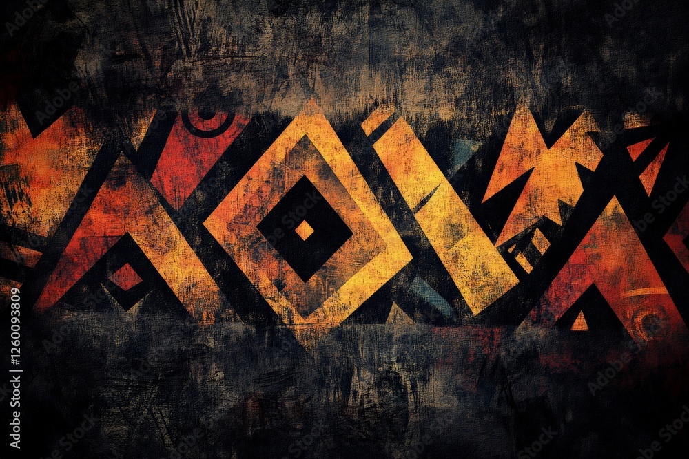 Poster intricate abstract design featuring geometric shapes in warm colors and dark background