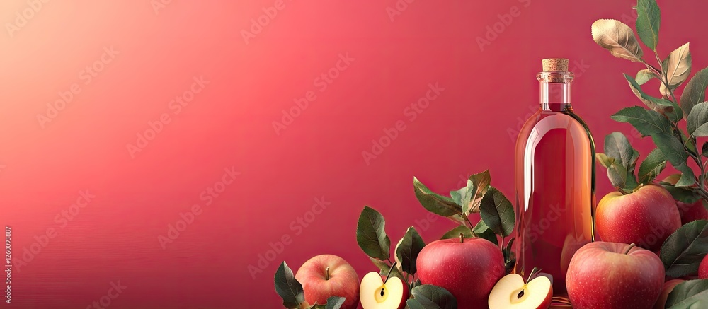 Poster Fresh organic apples with a bottle of apple cider vinegar centered on a gradient red background featuring green leaves and ample empty space for text.