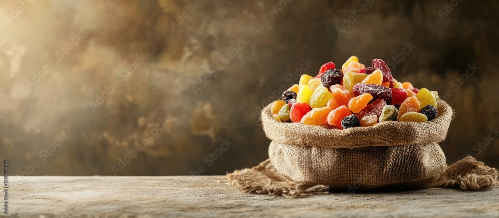 Poster colorful assortment of candied and dried fruits in a burlap bag on a rustic wooden table with a soft