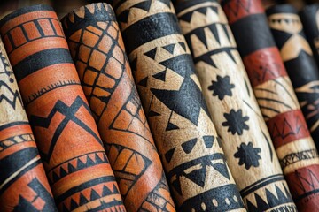 Intricate tribal patterns adorn handcrafted wooden items displayed at a market showcasing cultural artistry