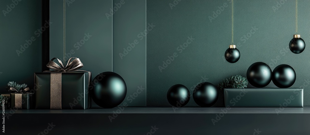 Poster stylish christmas gift packages in dark green with glossy bauble decorations and empty spaces for pe