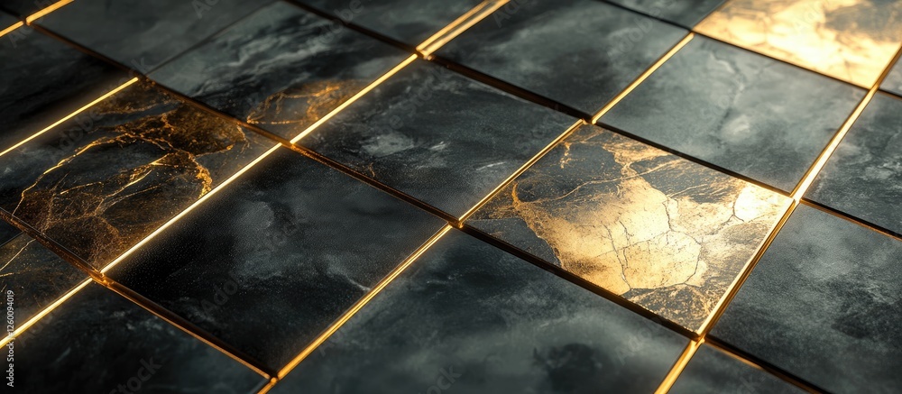 Poster golden and dark marble tiles with glowing edges in a diagonal pattern highlighting intricate veining