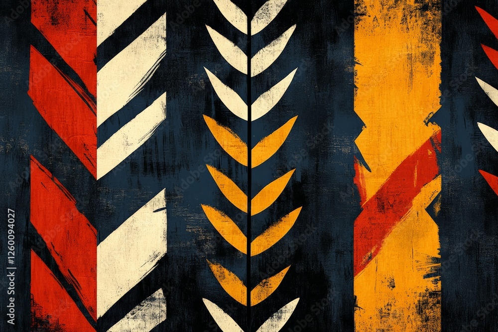 Poster bold abstract patterns featuring vibrant colors and striking shapes on a textured background