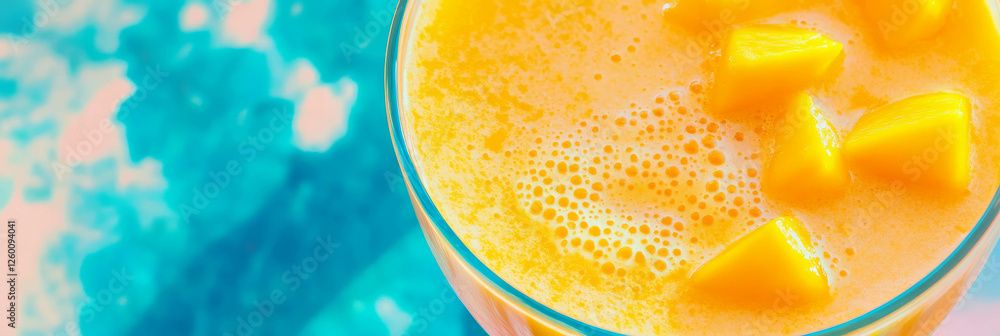 Poster golden milk topped with mango ripples and fresh mango chunks in vibrant presentation
