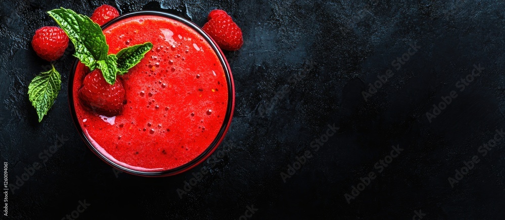 Poster refreshing berry smoothie in a glass with vibrant red color, topped with mint leaves and raspberries