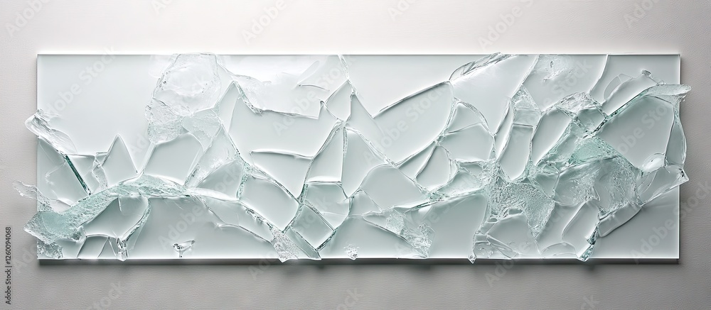 Poster scattered glass shards in varying sizes on a smooth white surface create a dynamic texture and visua