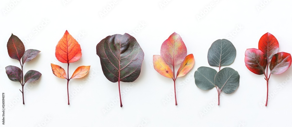 Poster autumn leaves in varying shades of red and green arranged linearly on a white background creating a 