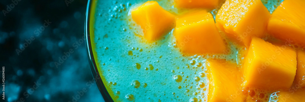 Poster mango chunks and ripples create a vibrant golden milk experience from above