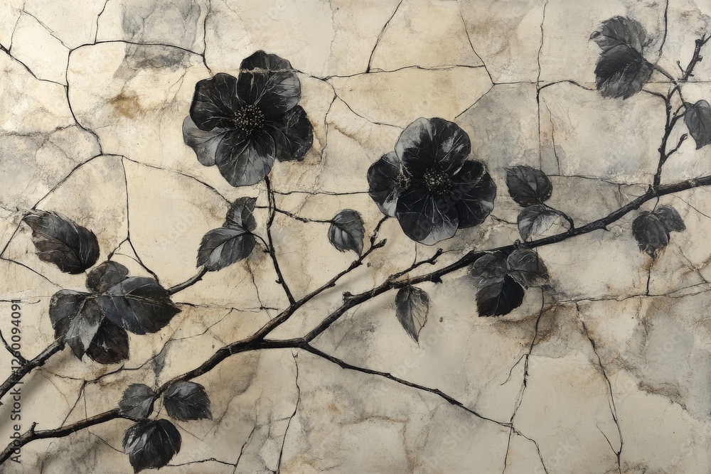Poster black flowers with delicate branches create an artistic display against a textured background in thi