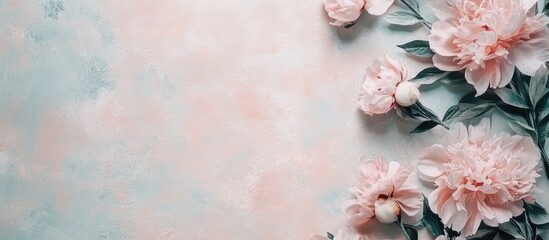 Elegant border of soft pink and white peony flowers on the right side against a pastel blue and pink background with ample text space on the left.